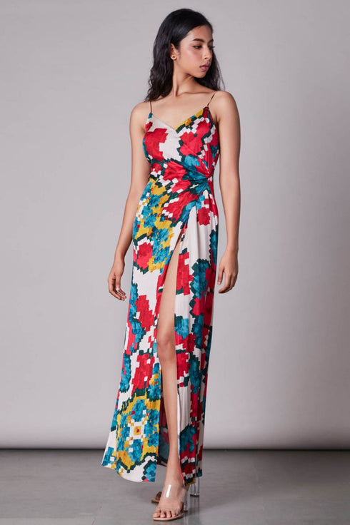 Ikat print overlap dress with customisable side slit